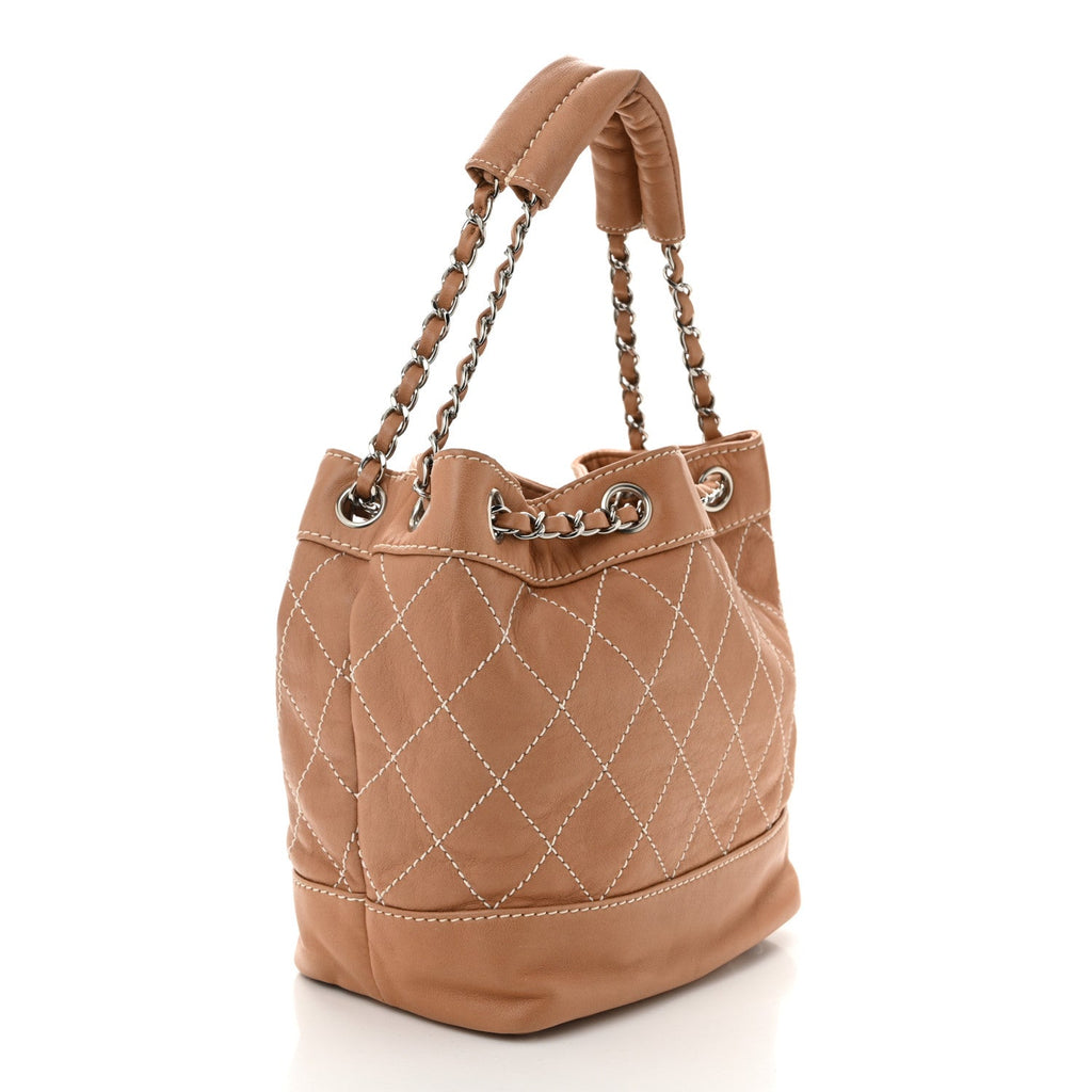 Lambskin Contrast Stitch Small Drawstring Tote Dark Beige