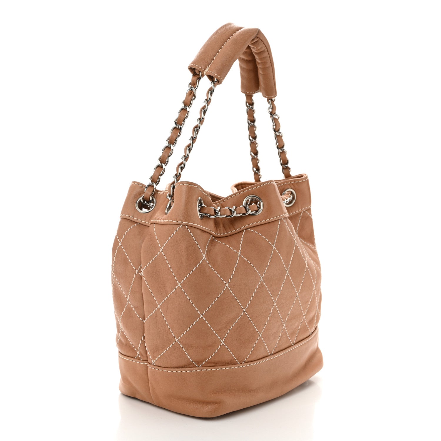 Lambskin Contrast Stitch Small Drawstring Tote Dark Beige
