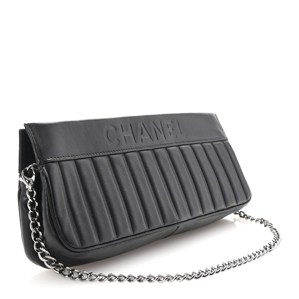 Calfskin Vertical Quilted Lax Clutch With Chain Black