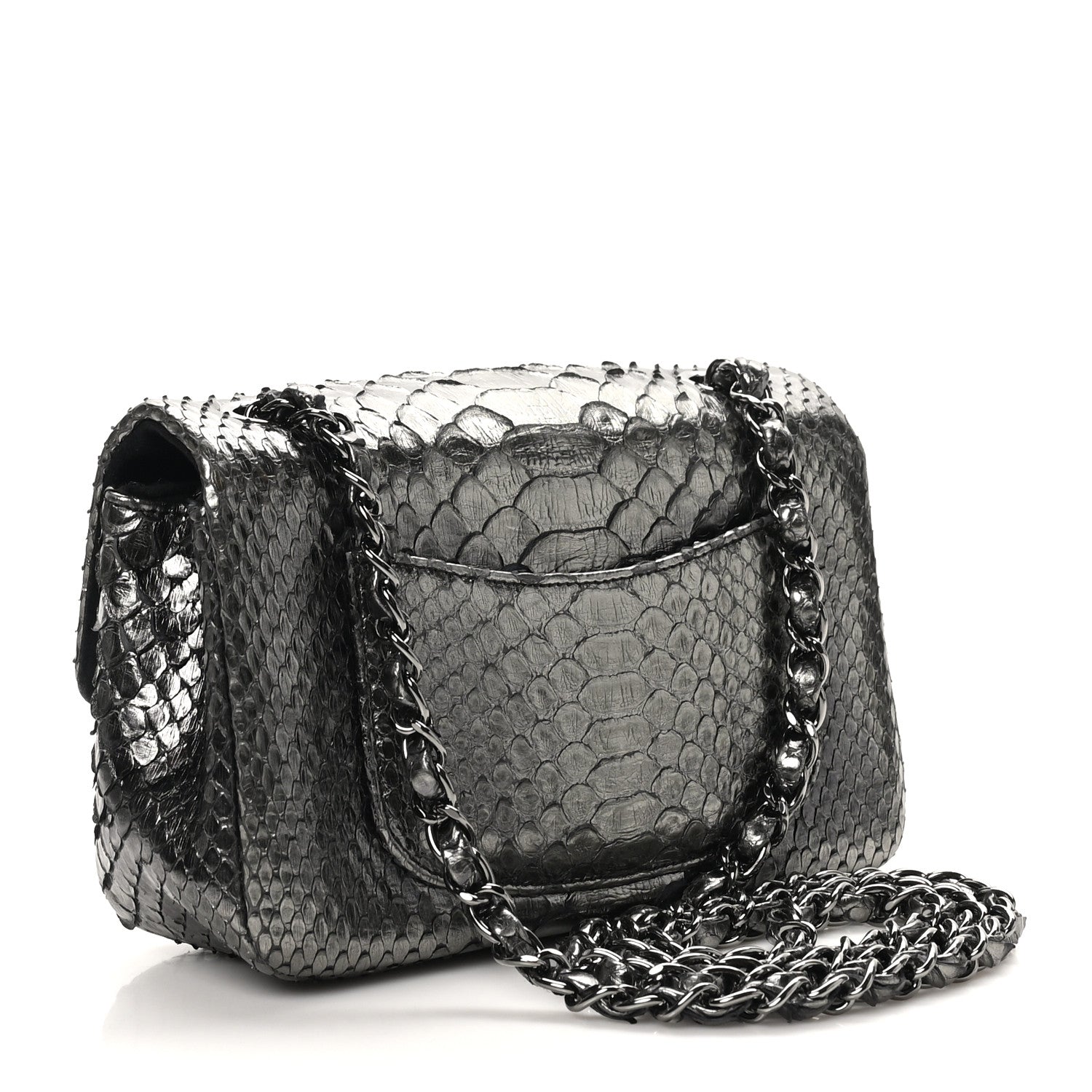 Metallic Snakeskin Mini Rectangular Flap Dark Silver