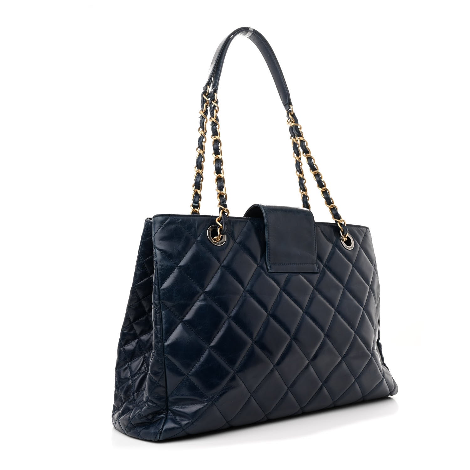 Glazed Calfskin Quilted Daily Walk Tote Navy