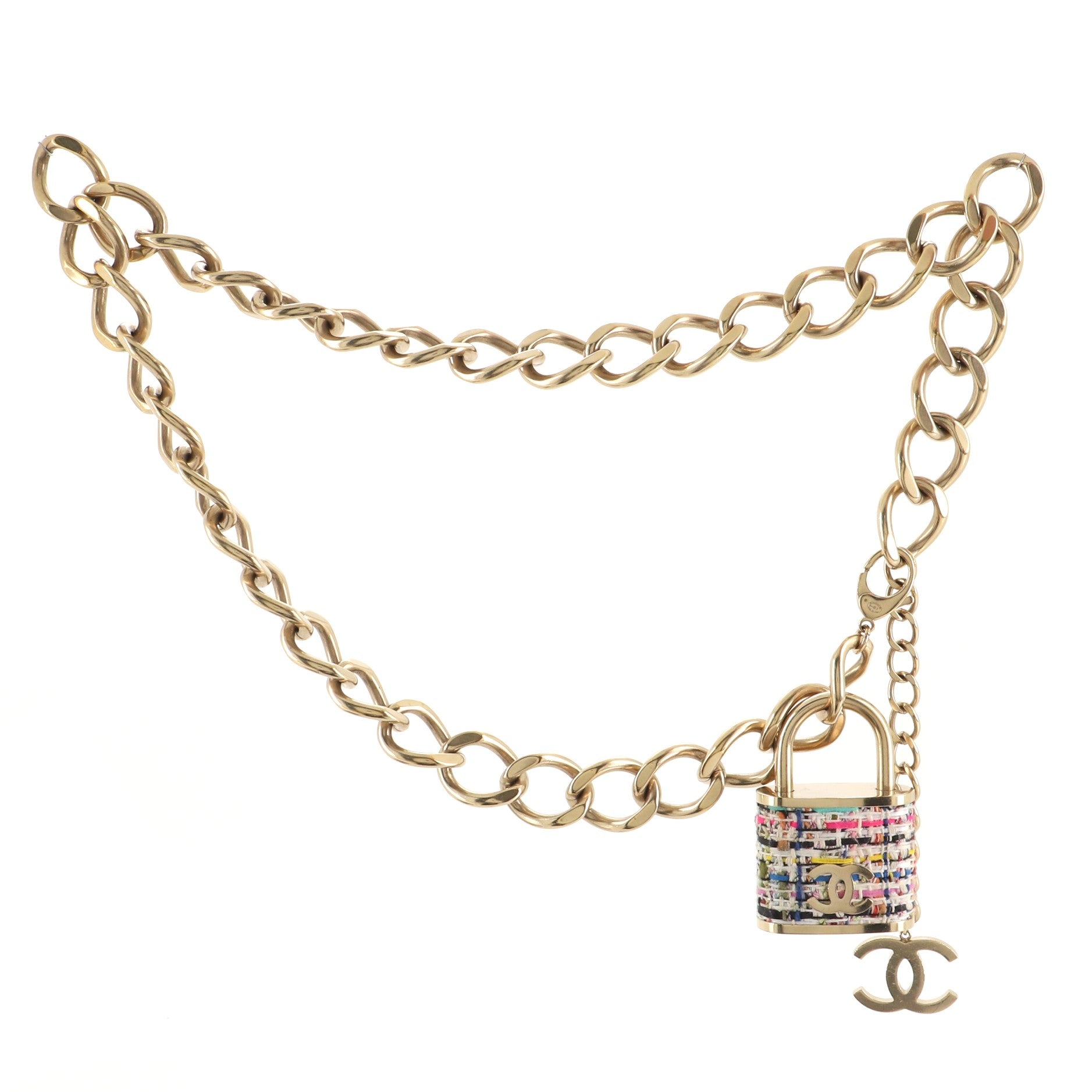 CC Oversized Padlock Chain Belt Metal and Tweed 55