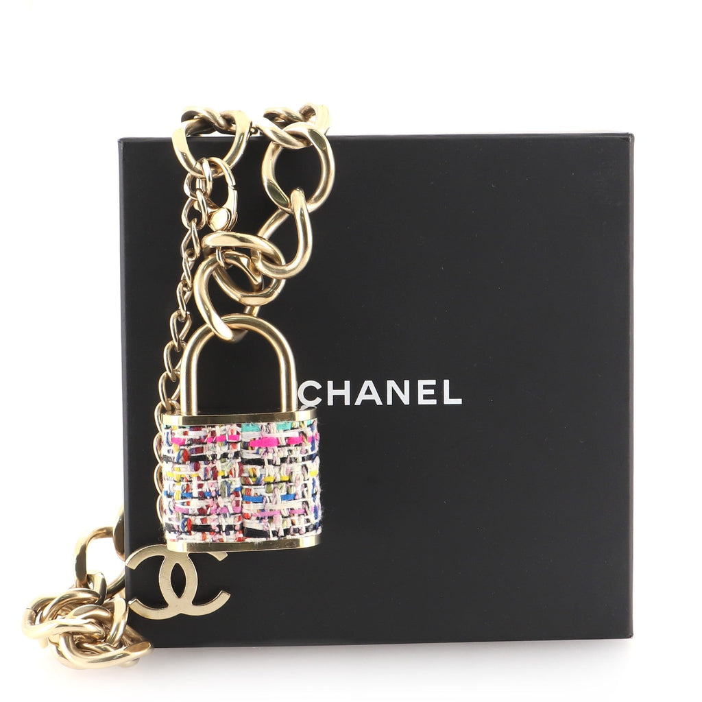 CC Oversized Padlock Chain Belt Metal and Tweed 55