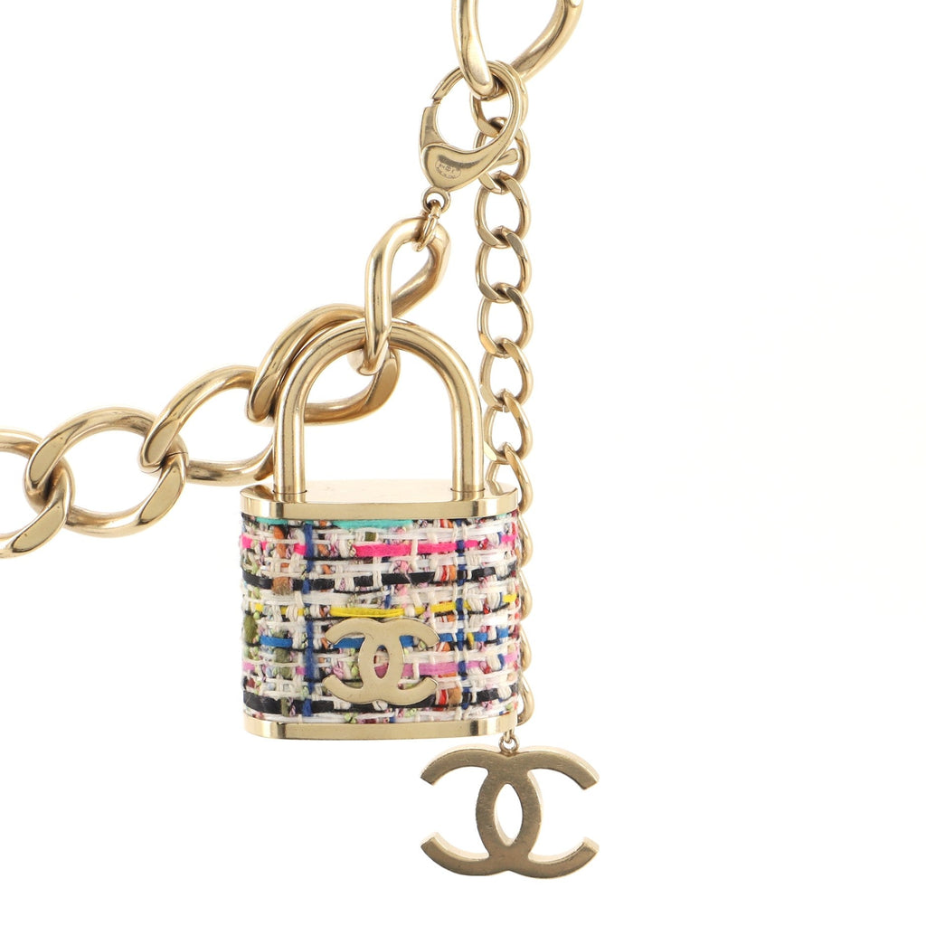 CC Oversized Padlock Chain Belt Metal and Tweed 55