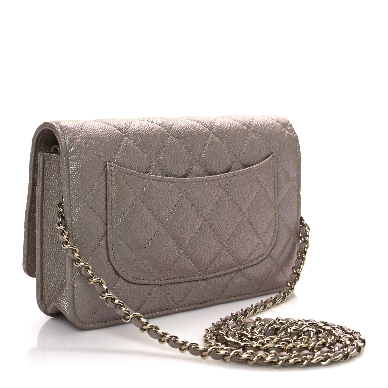 Iridescent Caviar Quilted Wallet on Chain WOC Beige