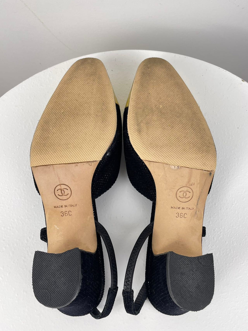 Chanel Tweed Black Gold Slingback Pumps with CC Logo 36