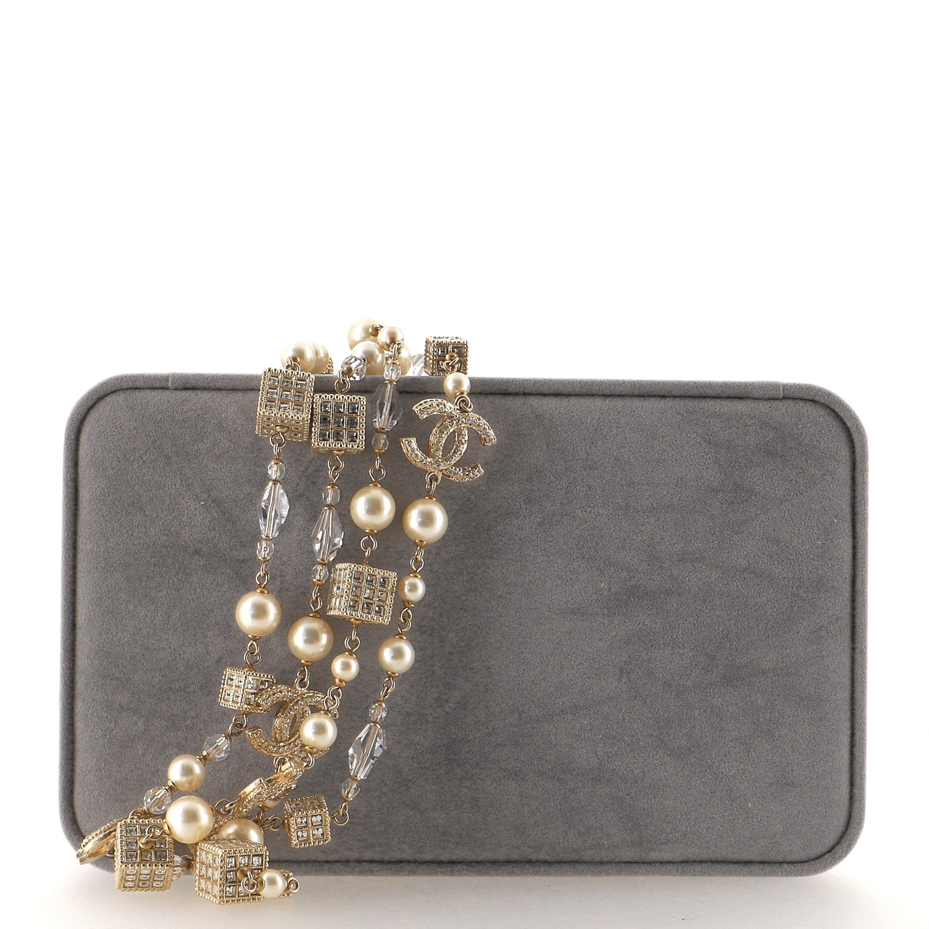 CC Cube Long Necklace Crystal Embellished Metal and Faux Pearl