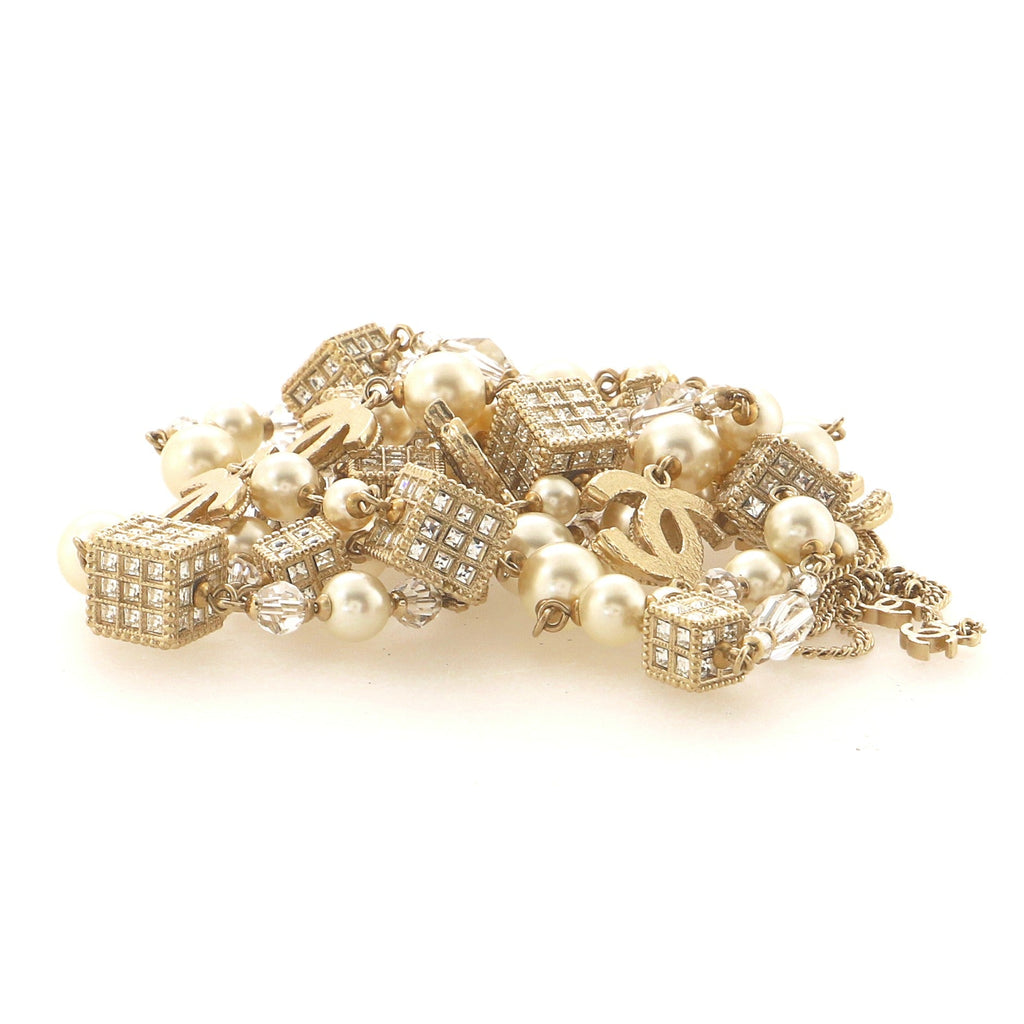 CC Cube Long Necklace Crystal Embellished Metal and Faux Pearl