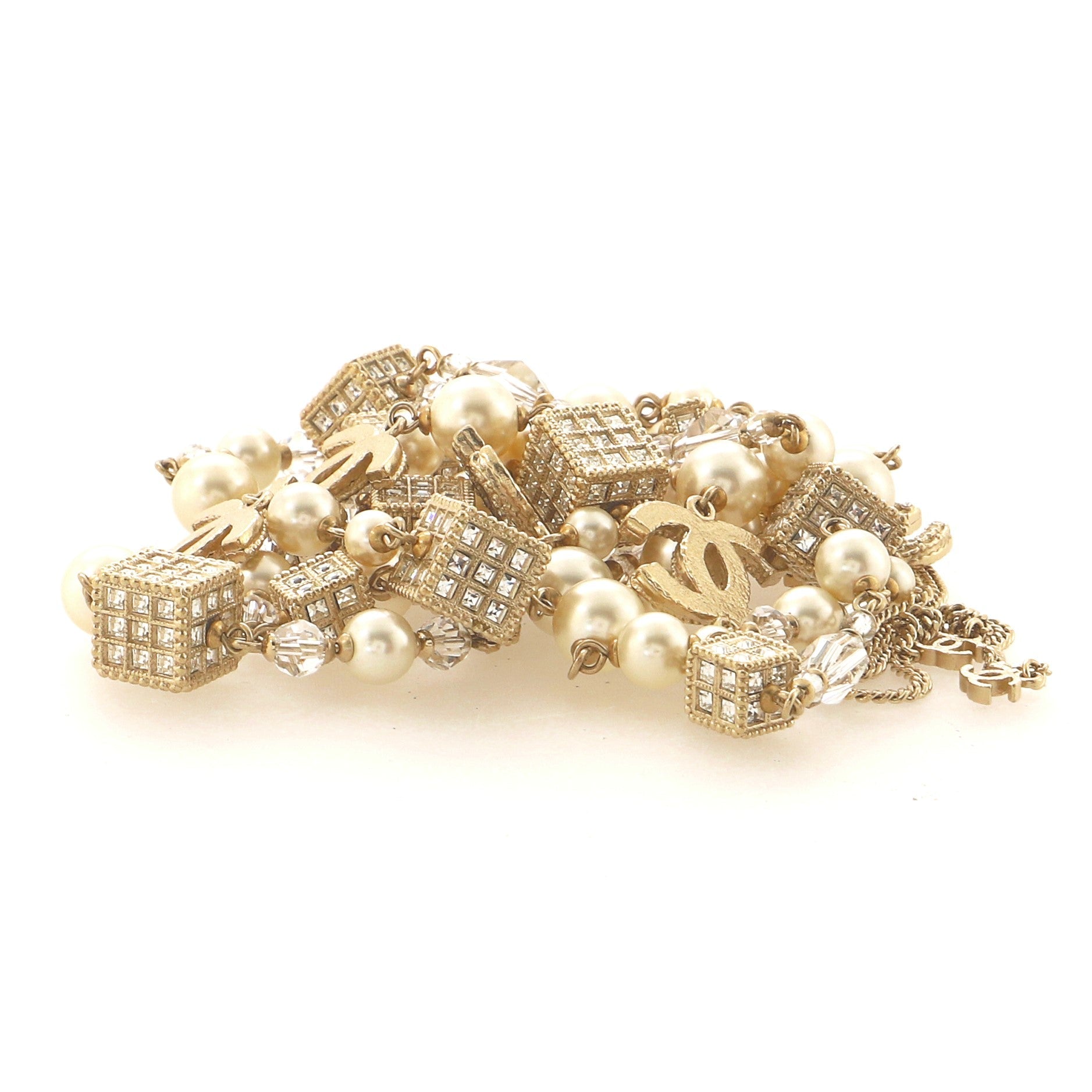 CC Cube Long Necklace Crystal Embellished Metal and Faux Pearl