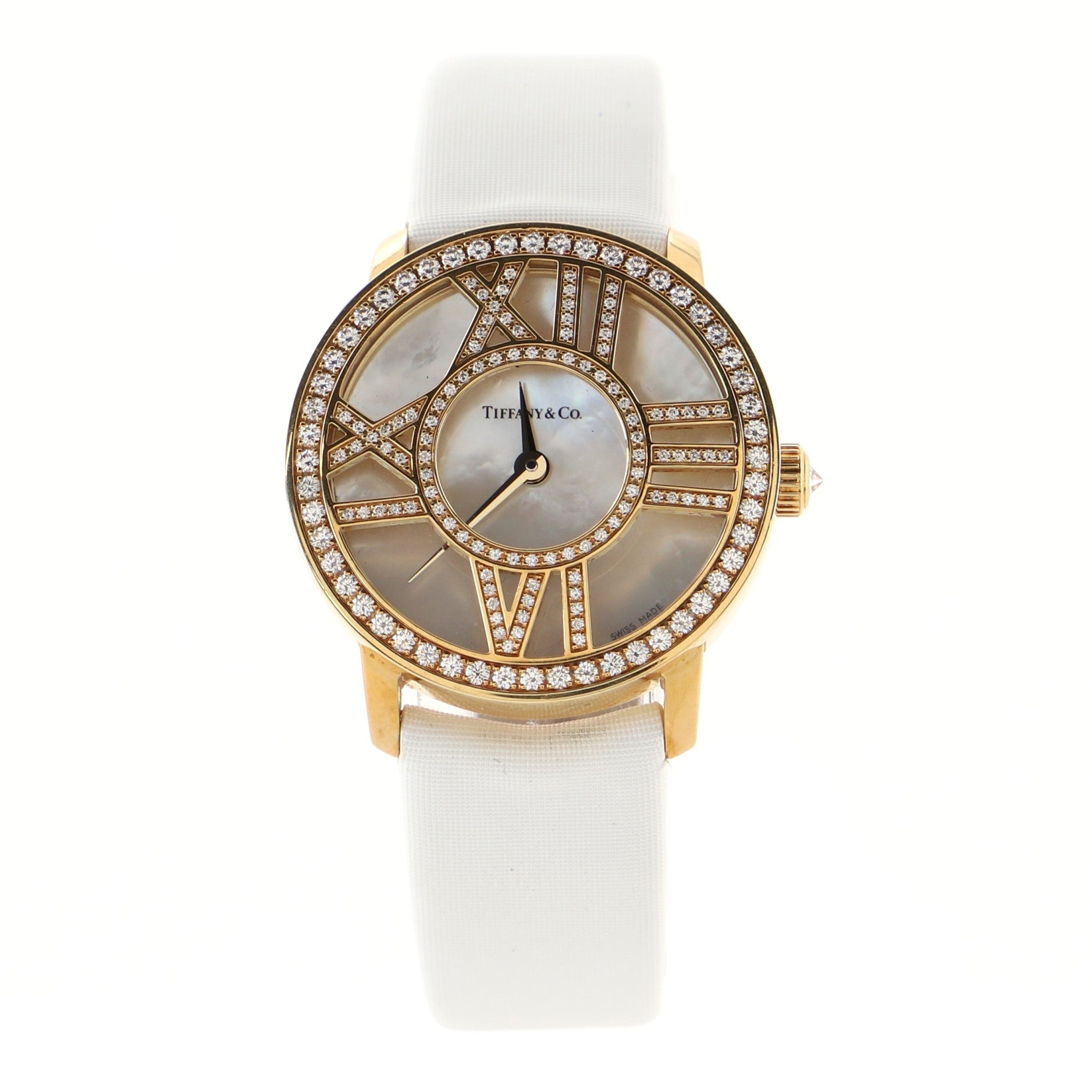 Atlas Cocktail Round Quartz Watch Yellow Gold with Diamonds and Satin Leather with Mother of Pearl 26
