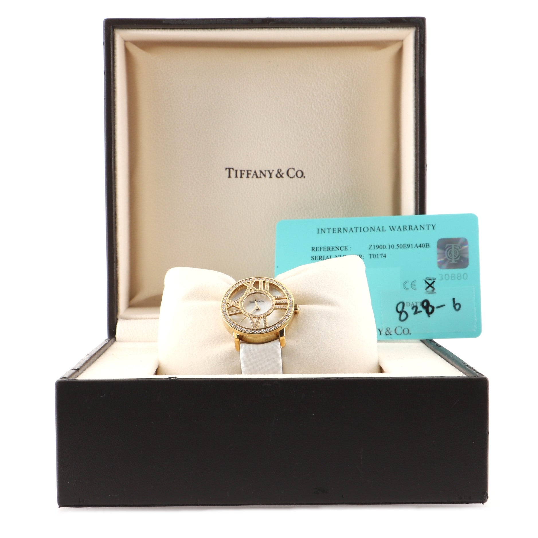 Atlas Cocktail Round Quartz Watch Yellow Gold with Diamonds and Satin Leather with Mother of Pearl 26