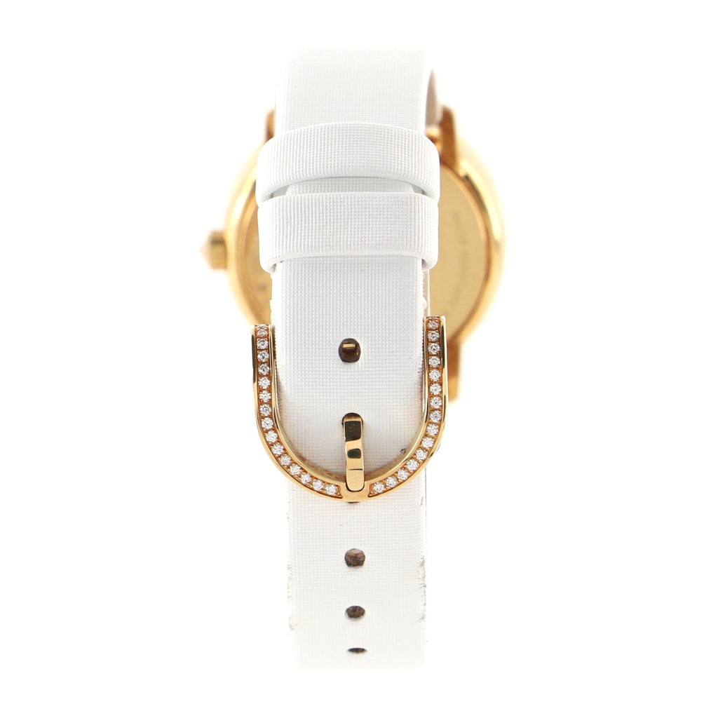 Atlas Cocktail Round Quartz Watch Yellow Gold with Diamonds and Satin Leather with Mother of Pearl 26