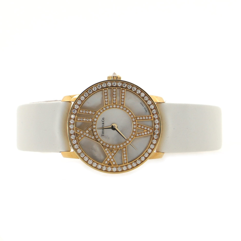 Atlas Cocktail Round Quartz Watch Yellow Gold with Diamonds and Satin Leather with Mother of Pearl 26