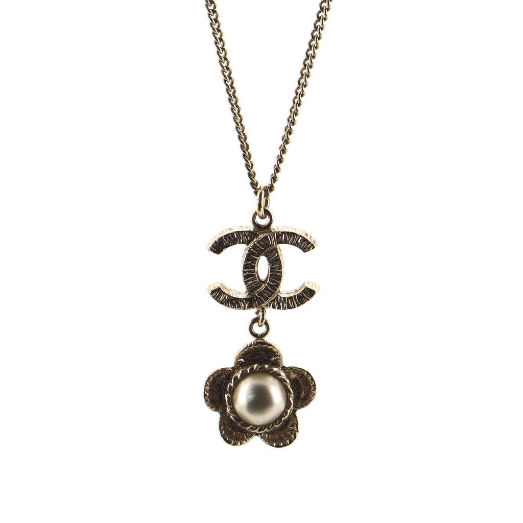 CC Flower Drop Pendant Necklace Metal with Faux Pearl