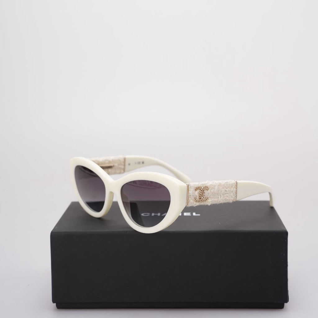 Chanel Acetate Tweed Wool CC Chain Sunglasses 5513-A White