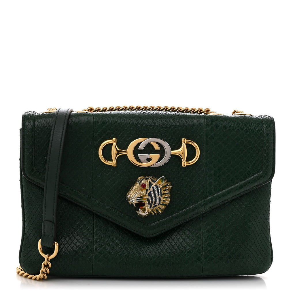 Snakeskin Crystal Medium Rajah Shoulder Bag Emerald Green