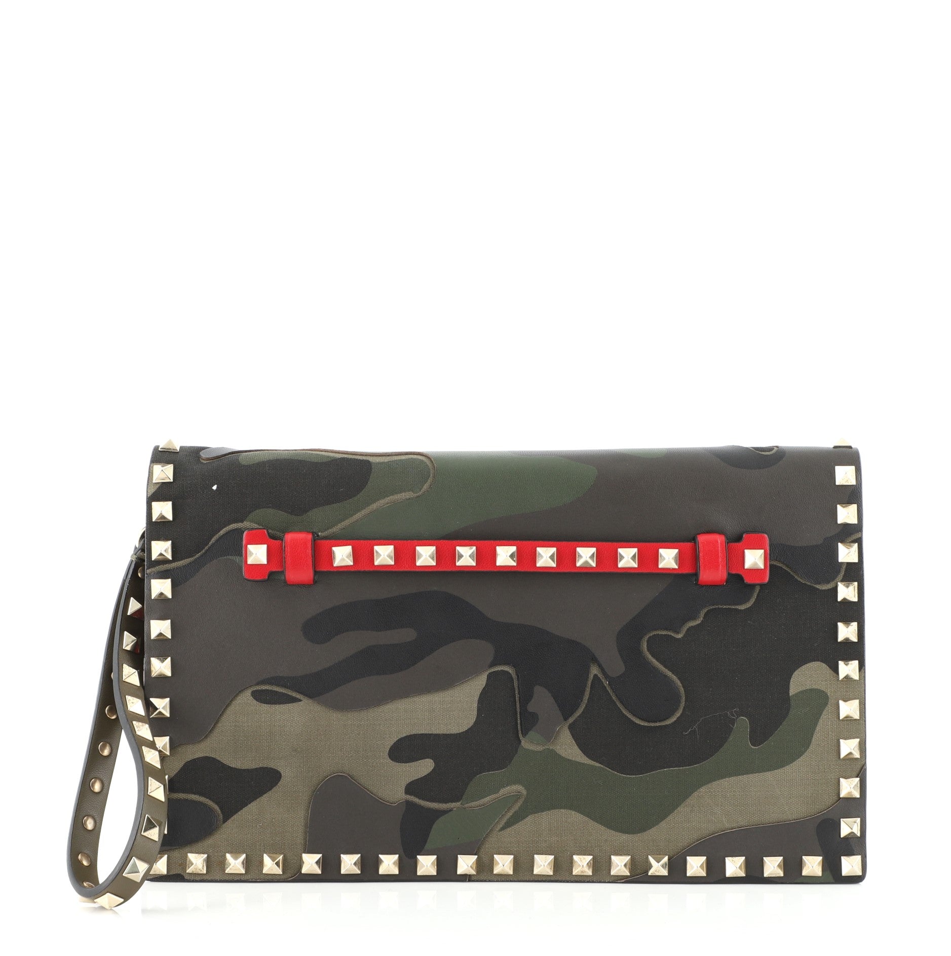 Rockstud Flap Clutch Camo Leather and Canvas