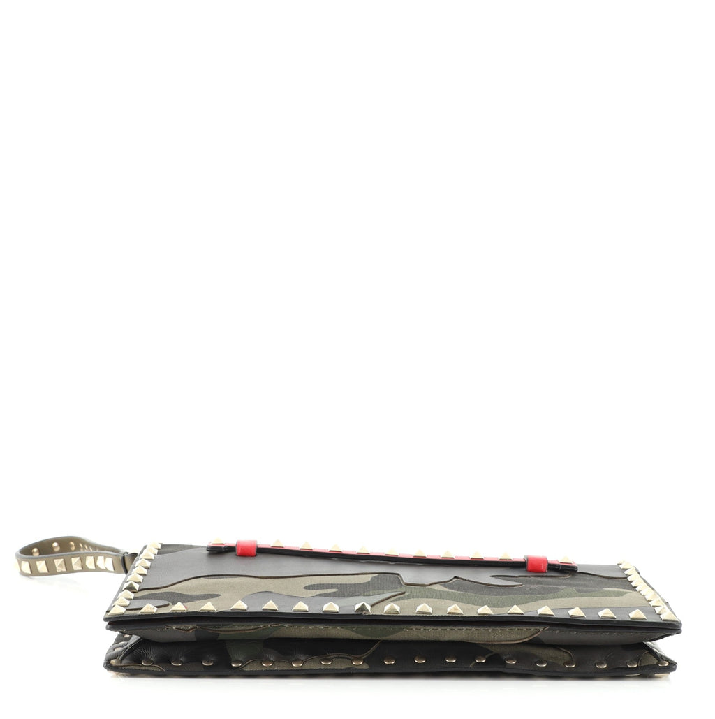 Rockstud Flap Clutch Camo Leather and Canvas