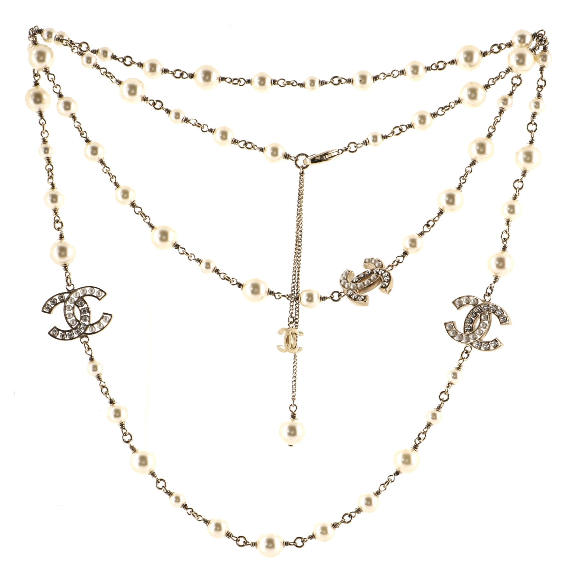 CC Long Necklace Faux Pearls and Metal