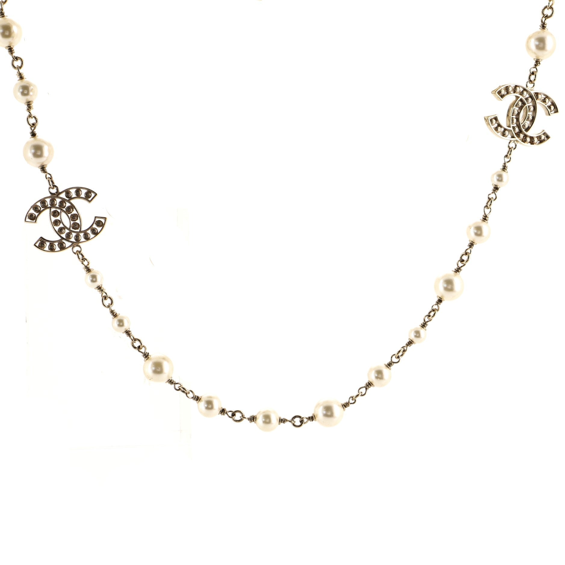 CC Long Necklace Faux Pearls and Metal