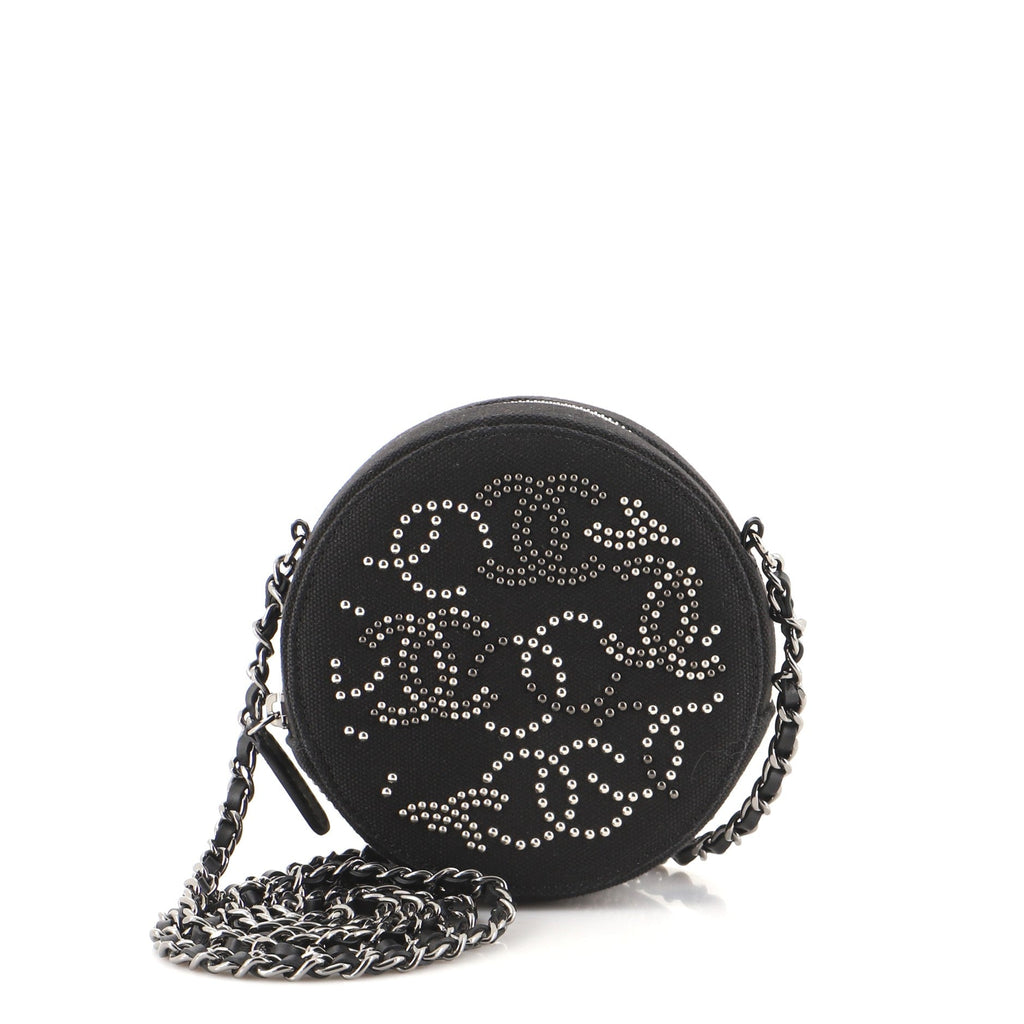 Round Clutch with Chain CC Studded Canvas