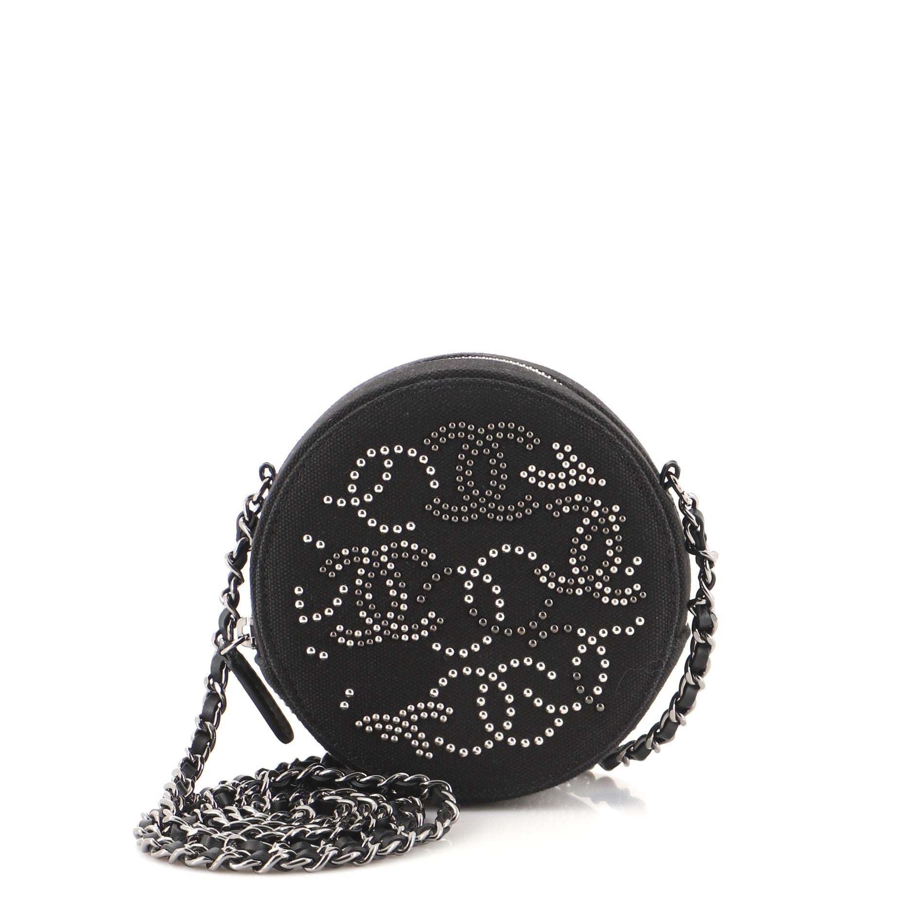 Round Clutch with Chain CC Studded Canvas