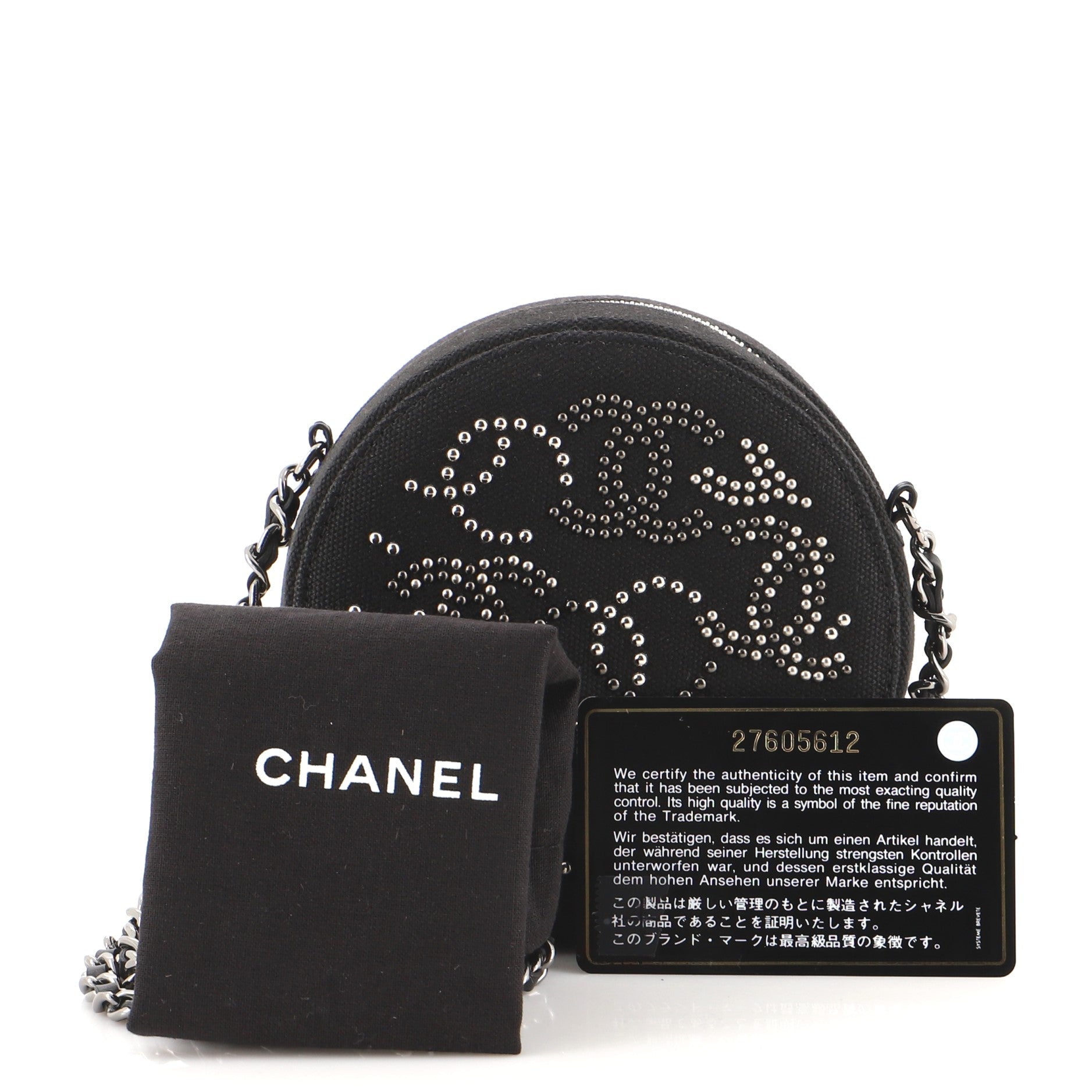 Round Clutch with Chain CC Studded Canvas