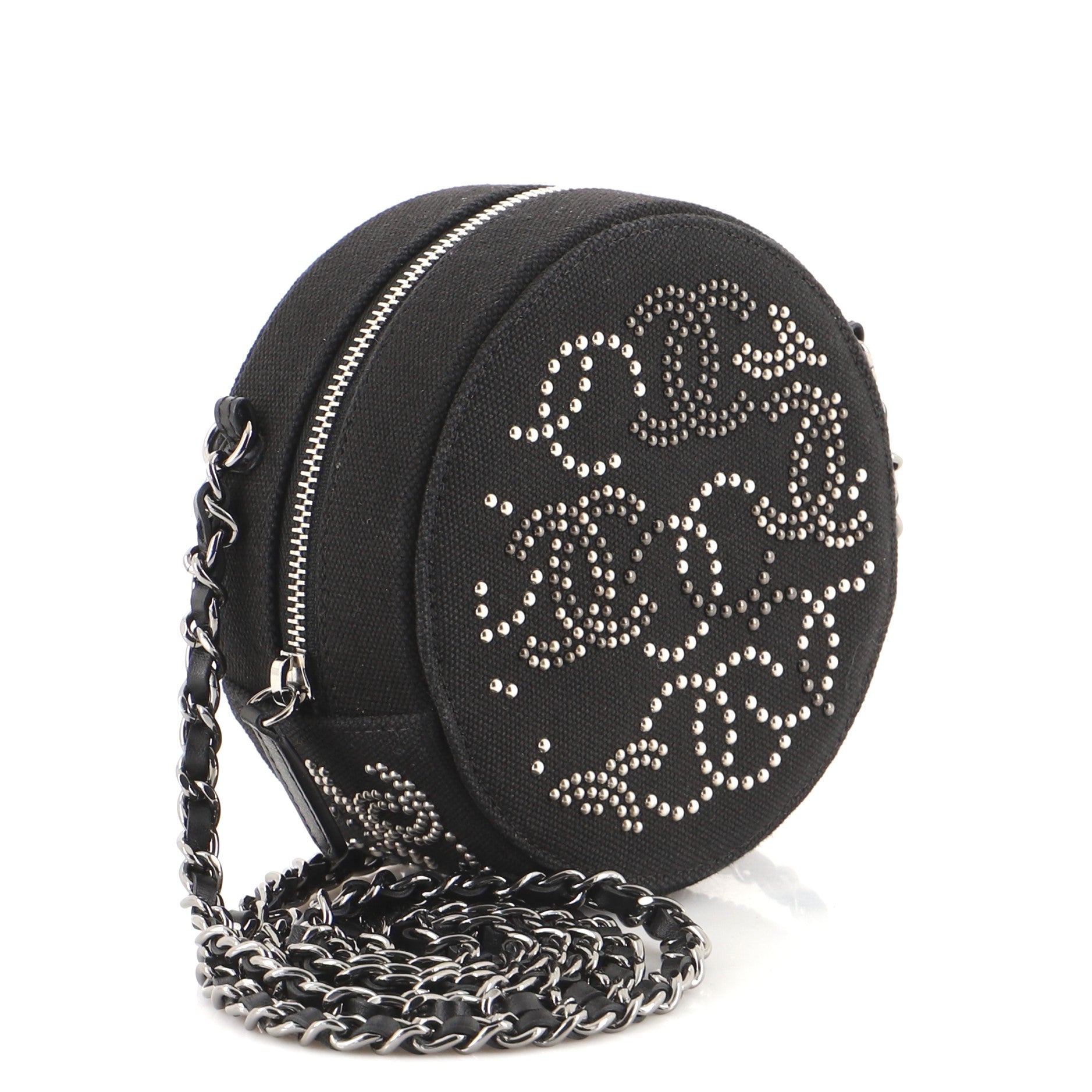 Round Clutch with Chain CC Studded Canvas