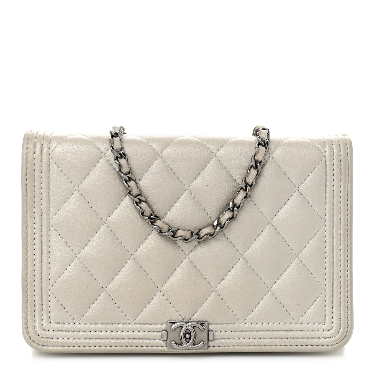 Metallic Caviar Quilted Boy Wallet On Chain WOC Silver