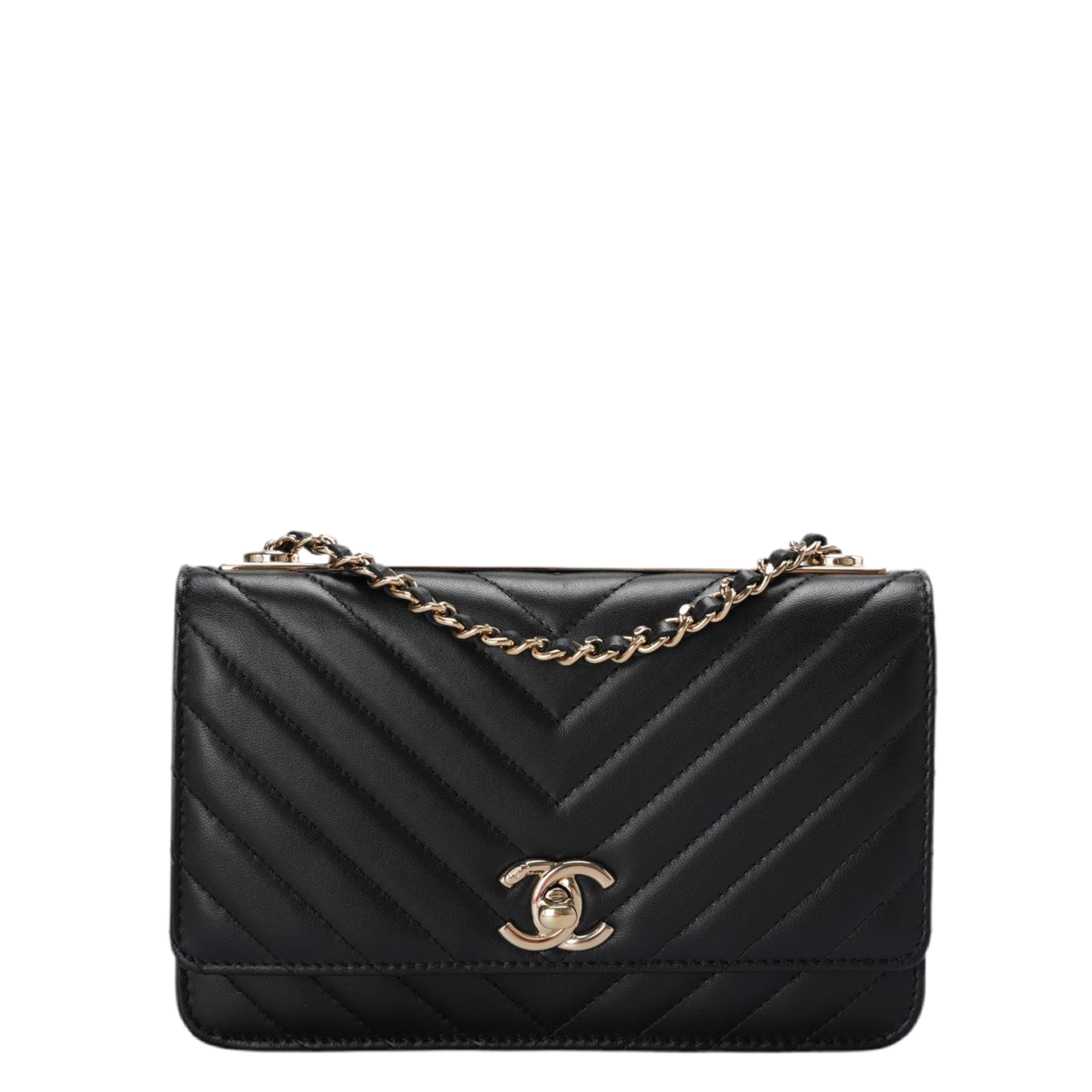 Chanel Lambskin Chevron Quilted Trendy CC Wallet On Chain Woc In Black