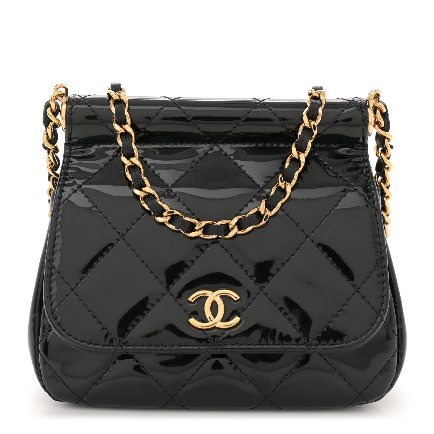 Patent Quilted Frame Clutch Flap With Chain Black