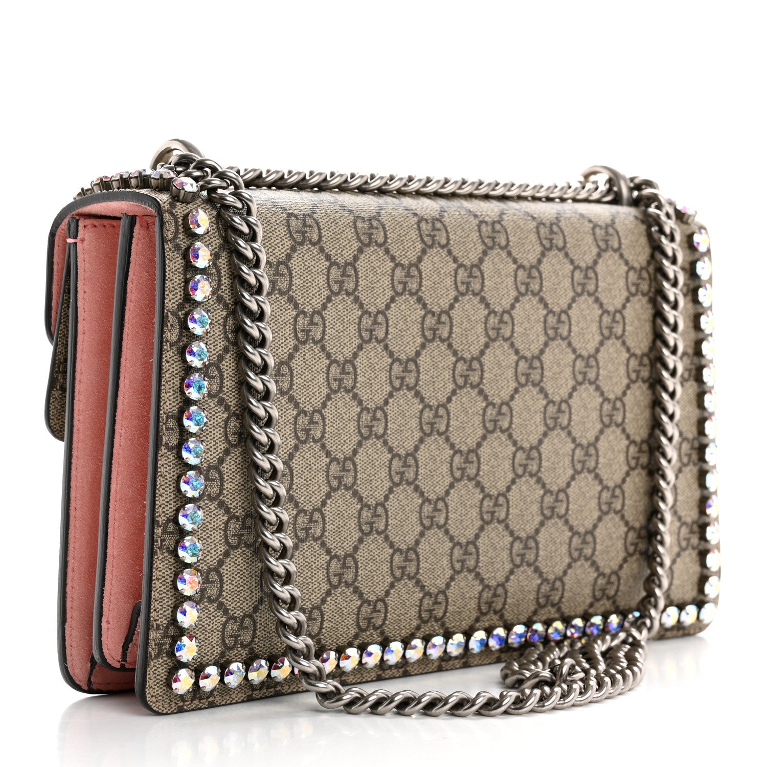 GG Supreme Monogram Suede Crystal Small Dionysus Shoulder Bag Beige Ebony Light Peonia