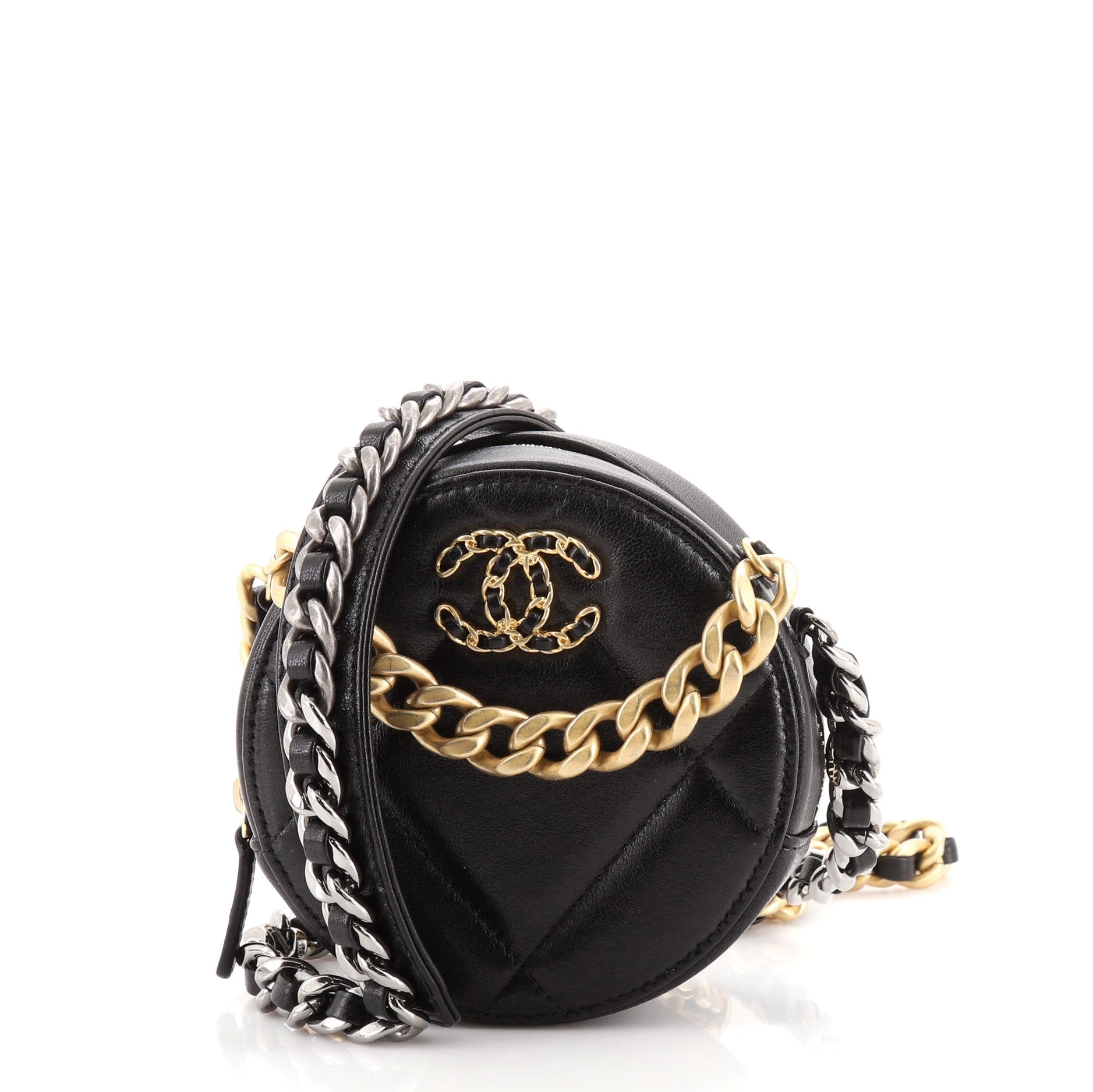 19 Round Clutch with Chain Quilted Lambskin
