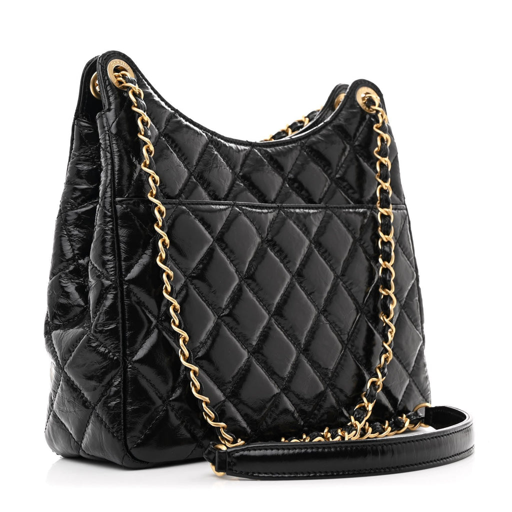 Shiny Crumpled Calfskin Quilted Wavy CC Hobo Black