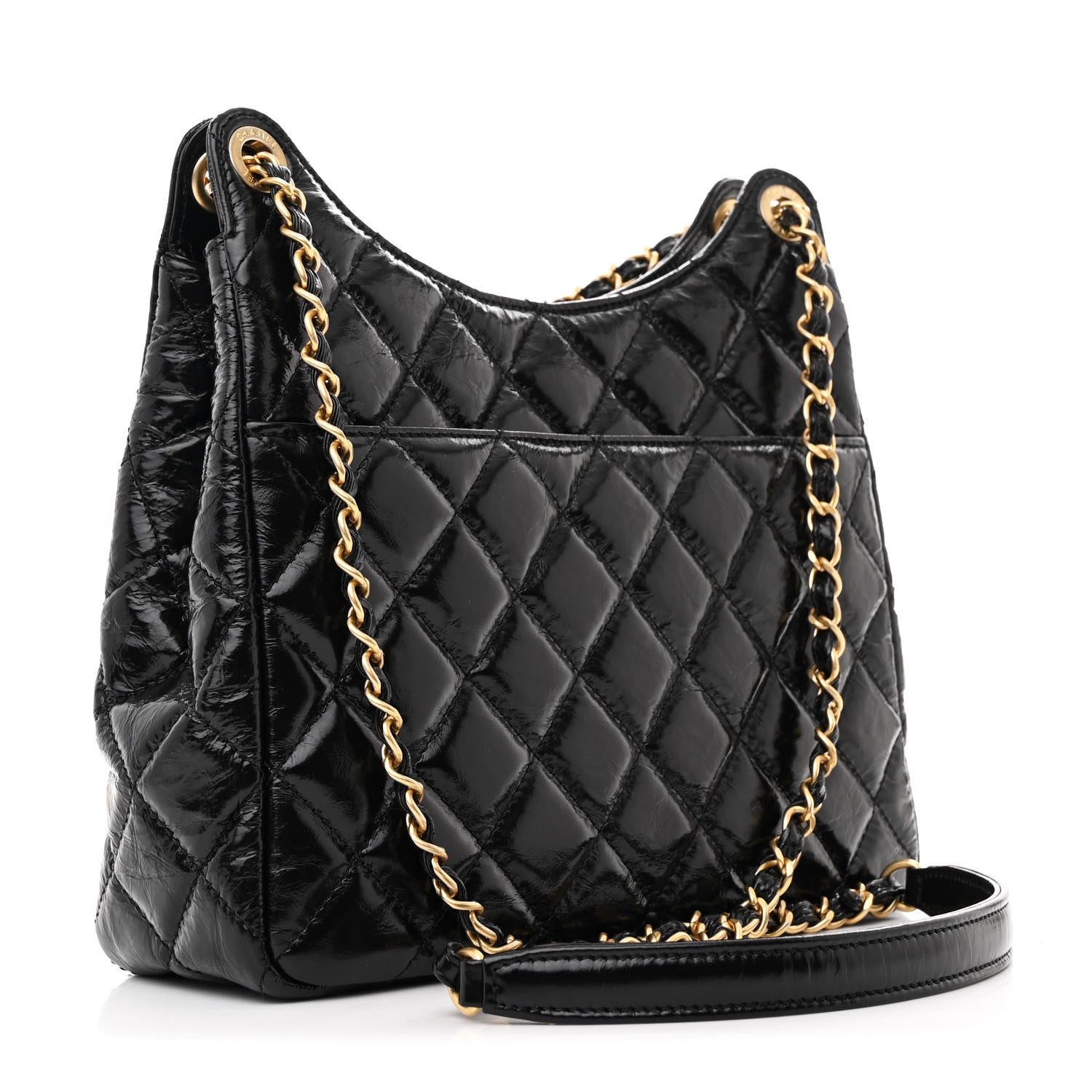 Shiny Crumpled Calfskin Quilted Wavy CC Hobo Black