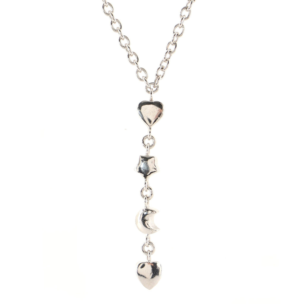 Vintage Dangling Heart Star Moon Chain Necklace Metal with Crystals and Pearls