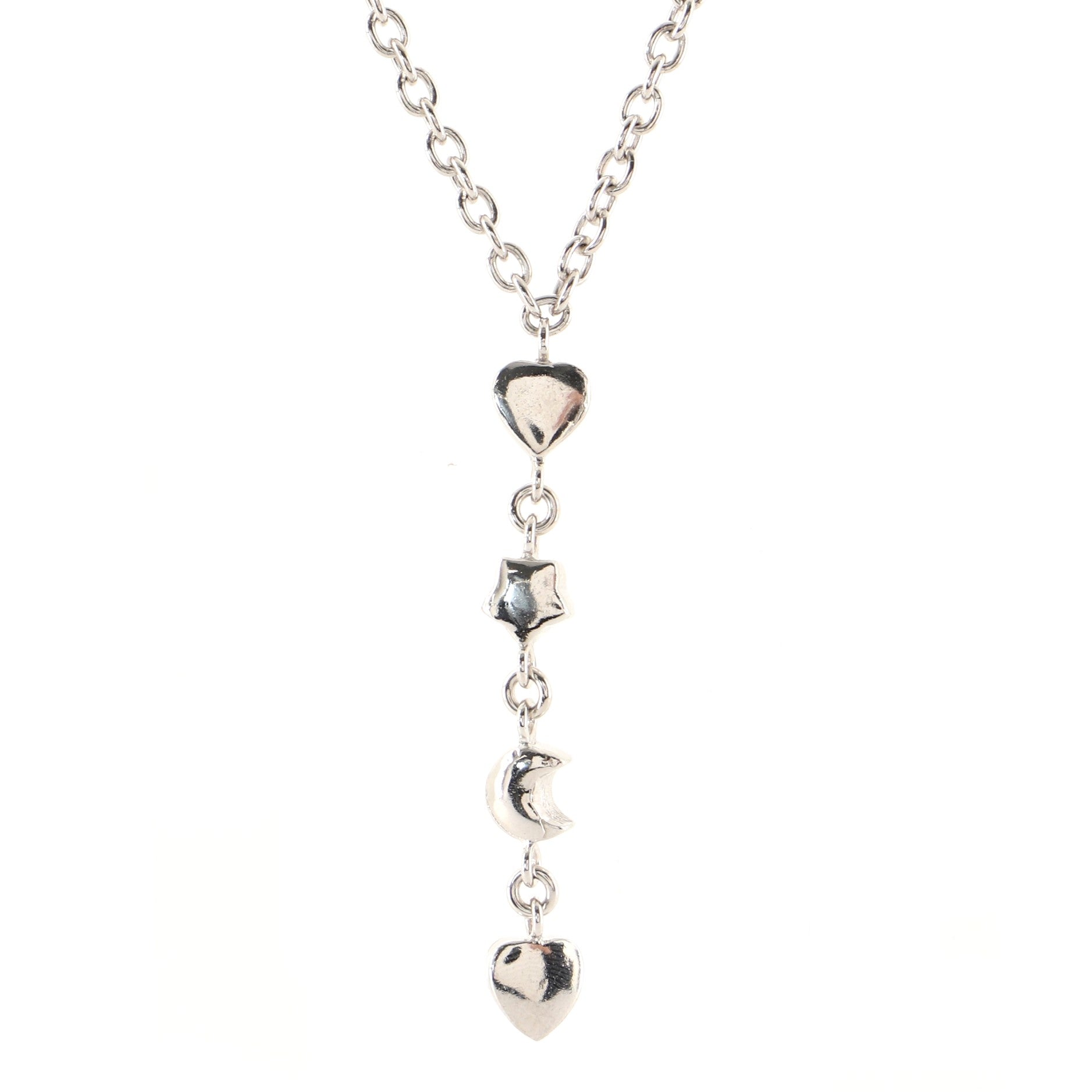 Vintage Dangling Heart Star Moon Chain Necklace Metal with Crystals and Pearls