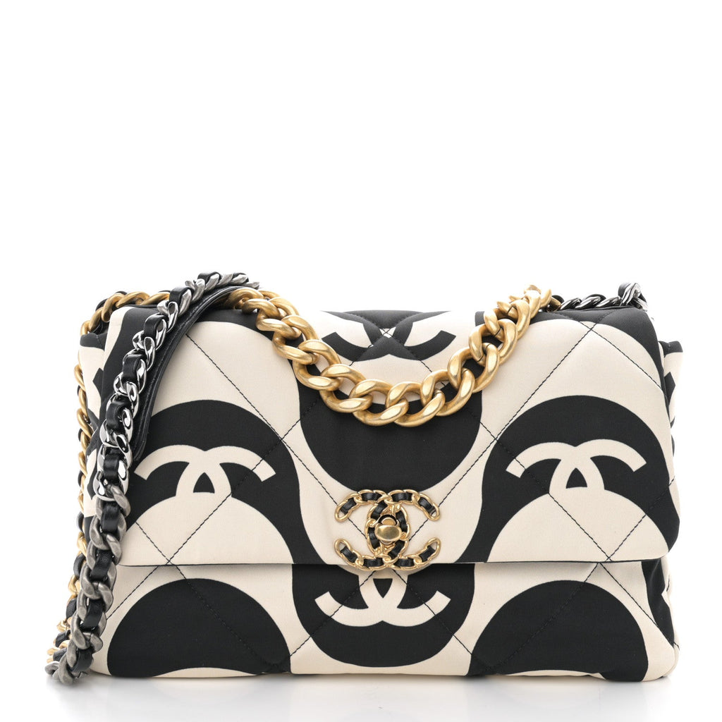 Fabric Printed Large Chanel 19 Flap Black Ecru