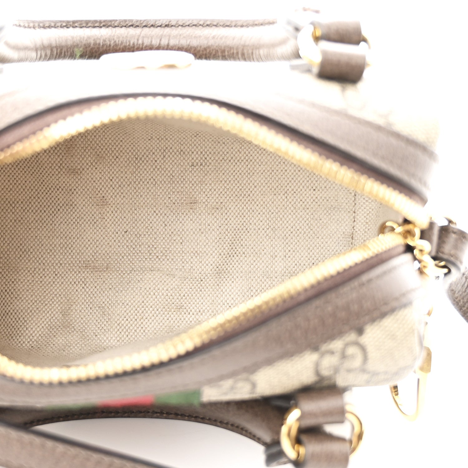 GG Supreme Monogram Textured Dollar Calfskin Web Super Mini Ophidia Top Handle Bowler Bag Beige Ebony New Acero