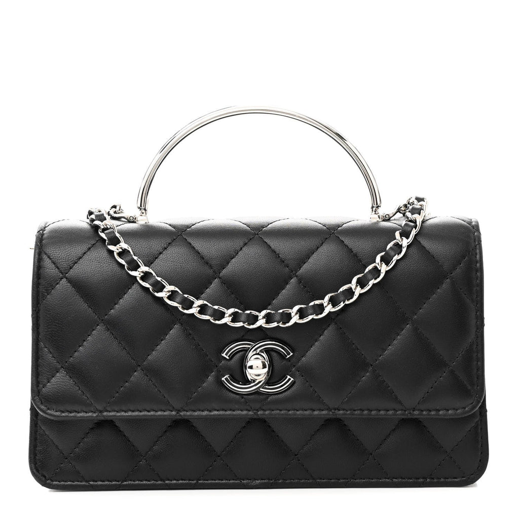 Lambskin Quilted Metal Top Handle Crossbody Flap Black