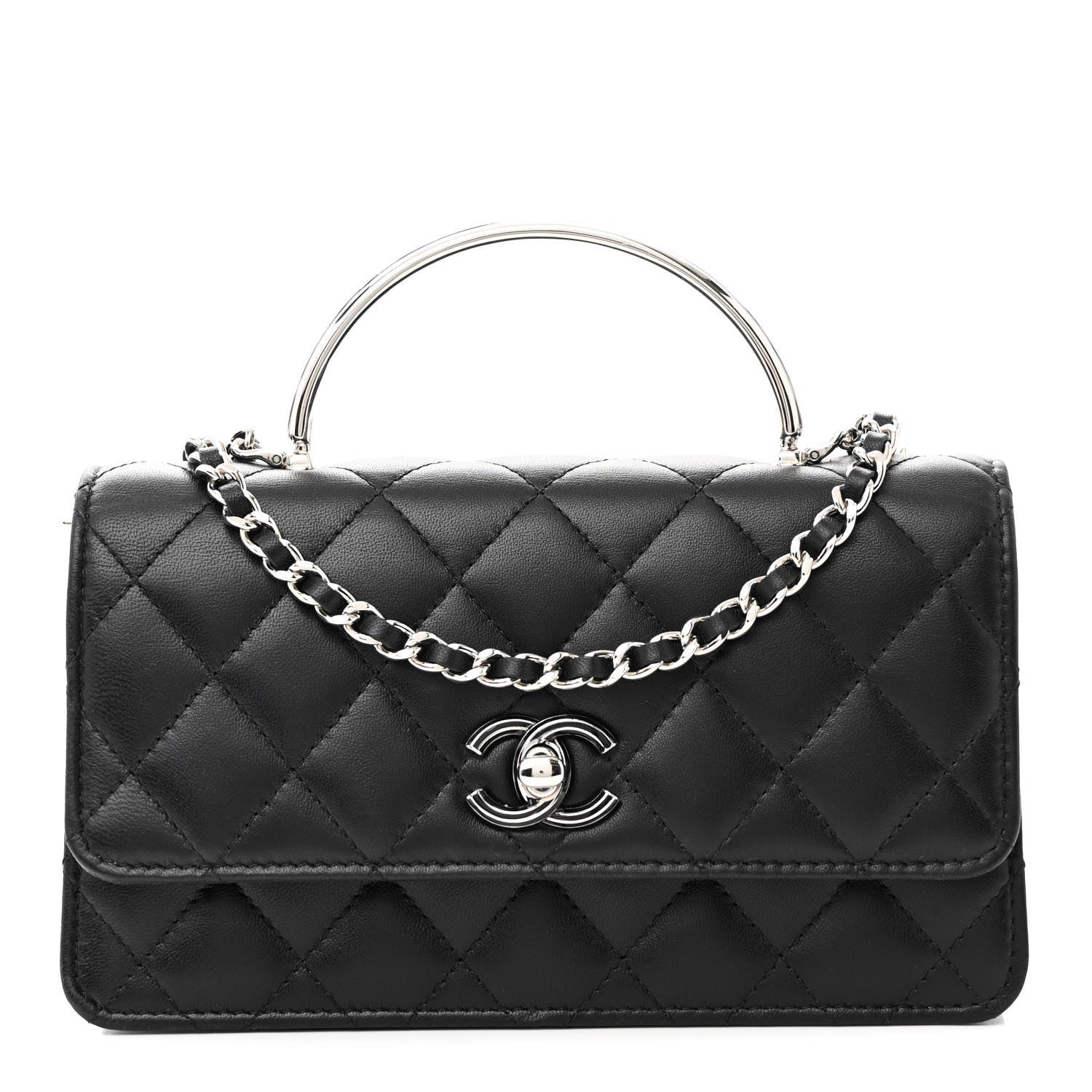 Lambskin Quilted Metal Top Handle Crossbody Flap Black