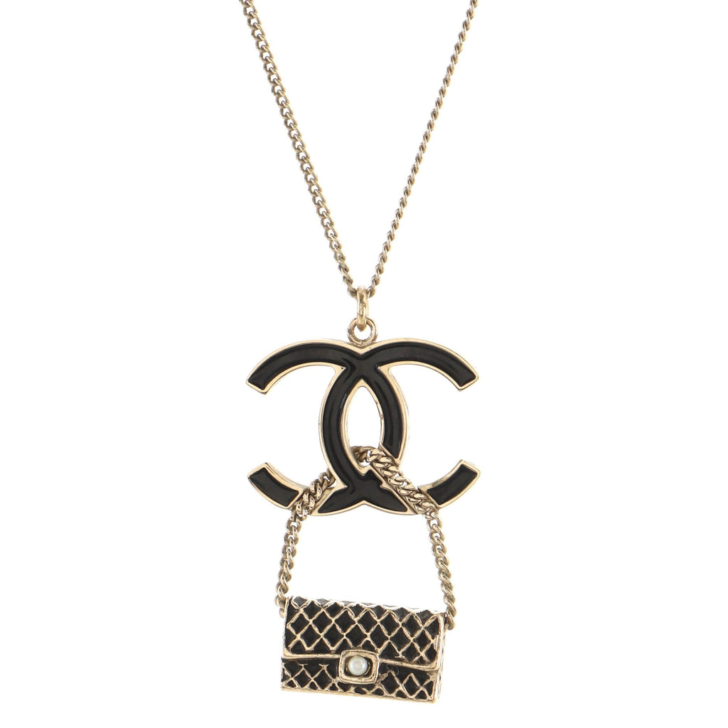 CC Flap Bag Pendant Long Necklace Metal and Enamel