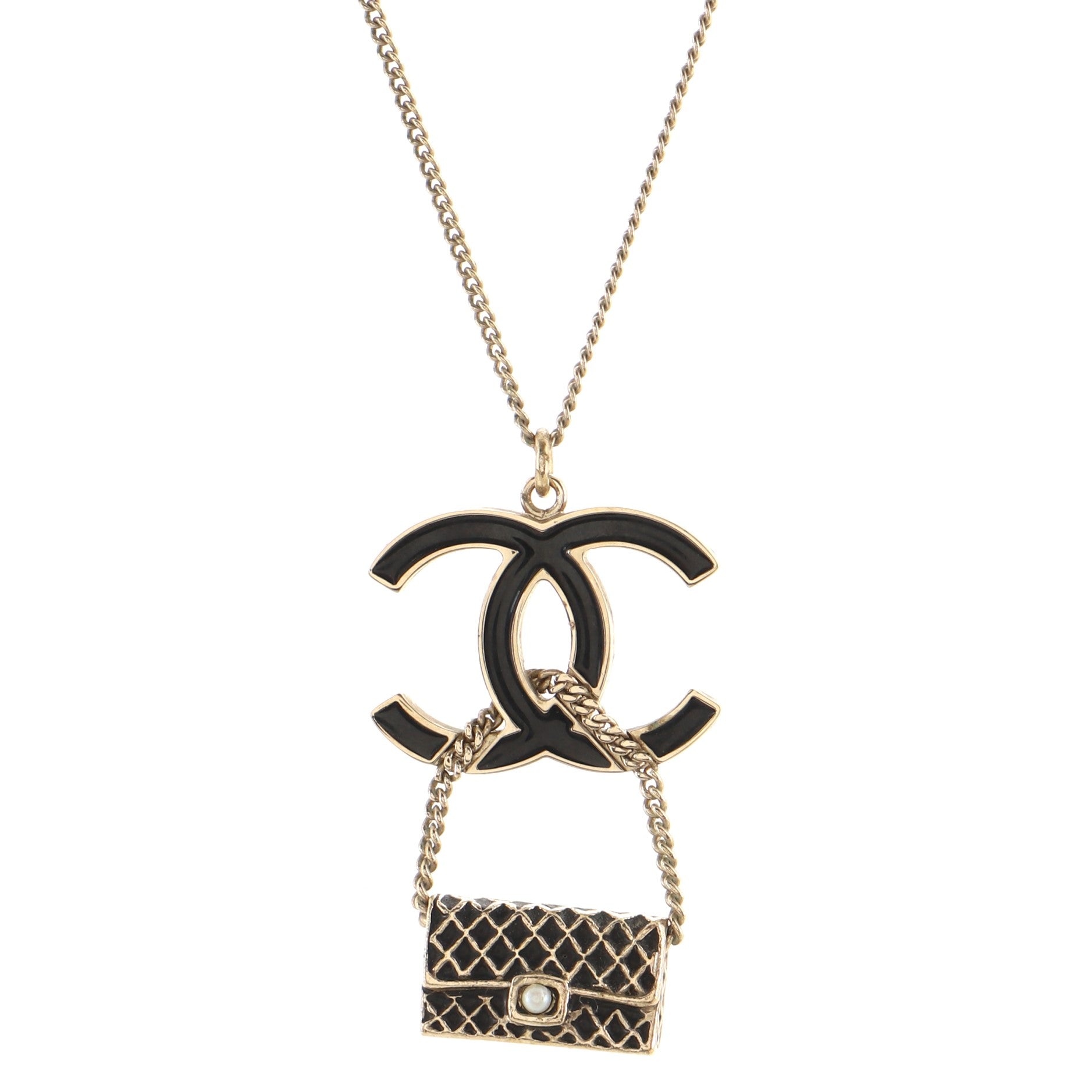 CC Flap Bag Pendant Long Necklace Metal and Enamel