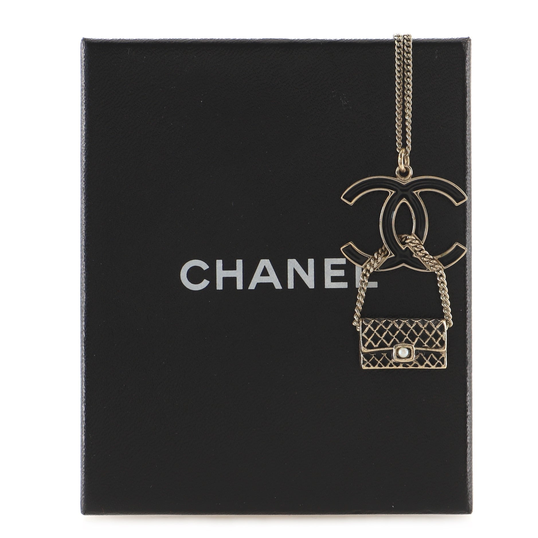 CC Flap Bag Pendant Long Necklace Metal and Enamel
