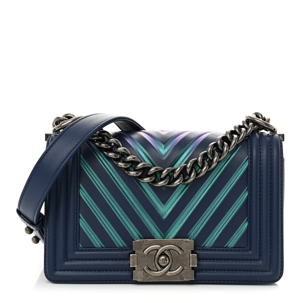 Calfskin Painted Chevron Embossed Small Boy Flap Dark Blue