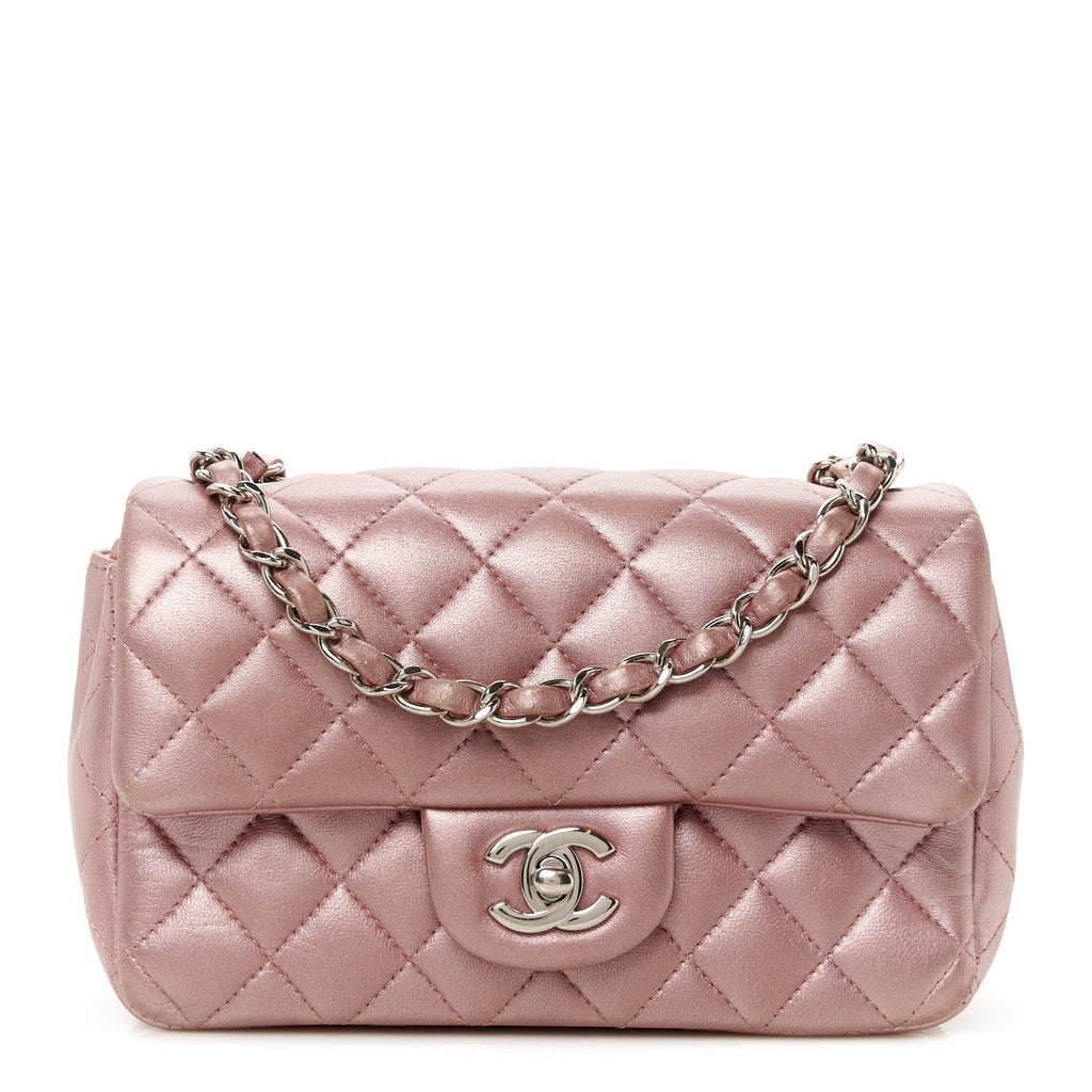 Metallic Lambskin Quilted Mini Rectangular Flap Pink