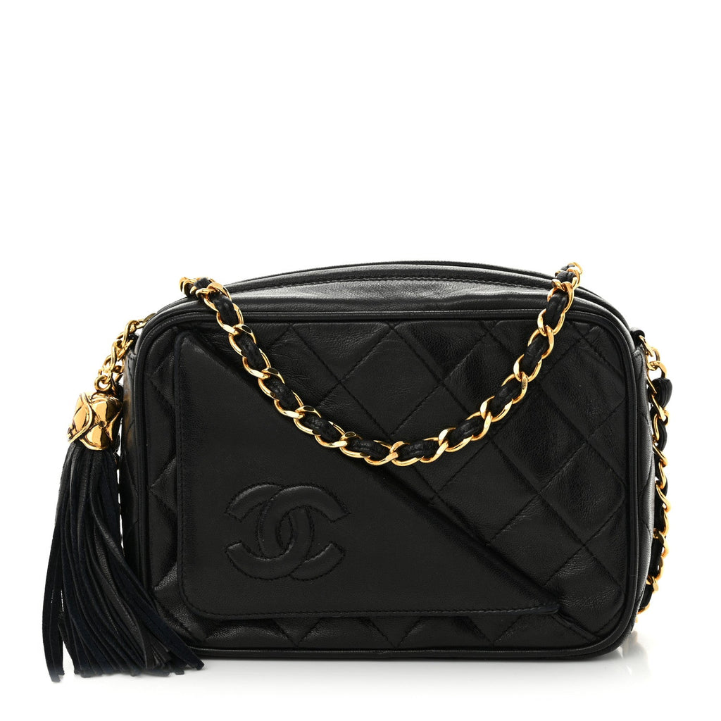 Lambskin Quilted Tassel Camera Case Black