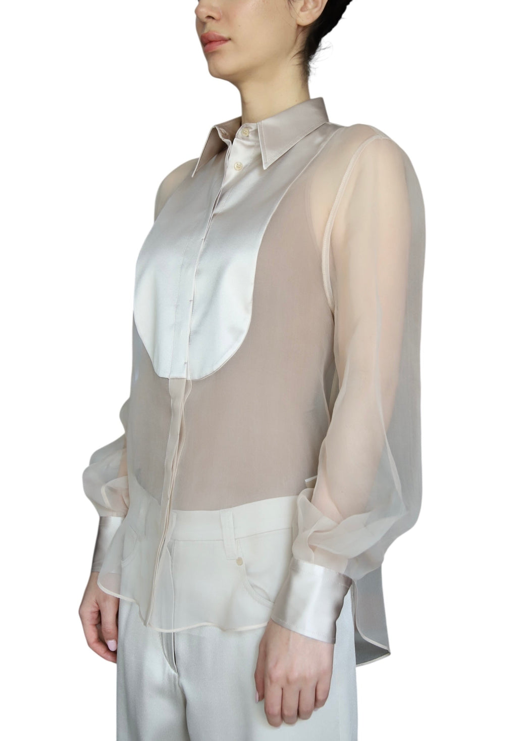 Brunello Cucinelli Beige Sheer Silk Tux Shirt - M