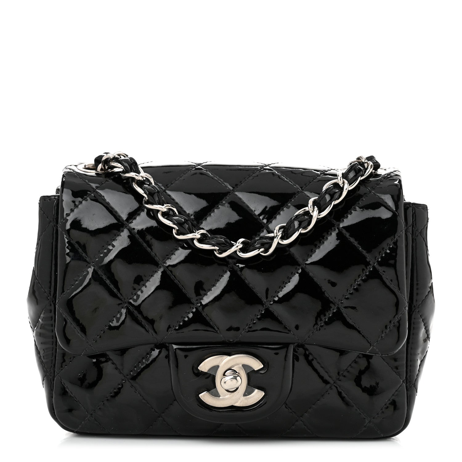 Patent Calfskin Quilted Mini Square Flap Black