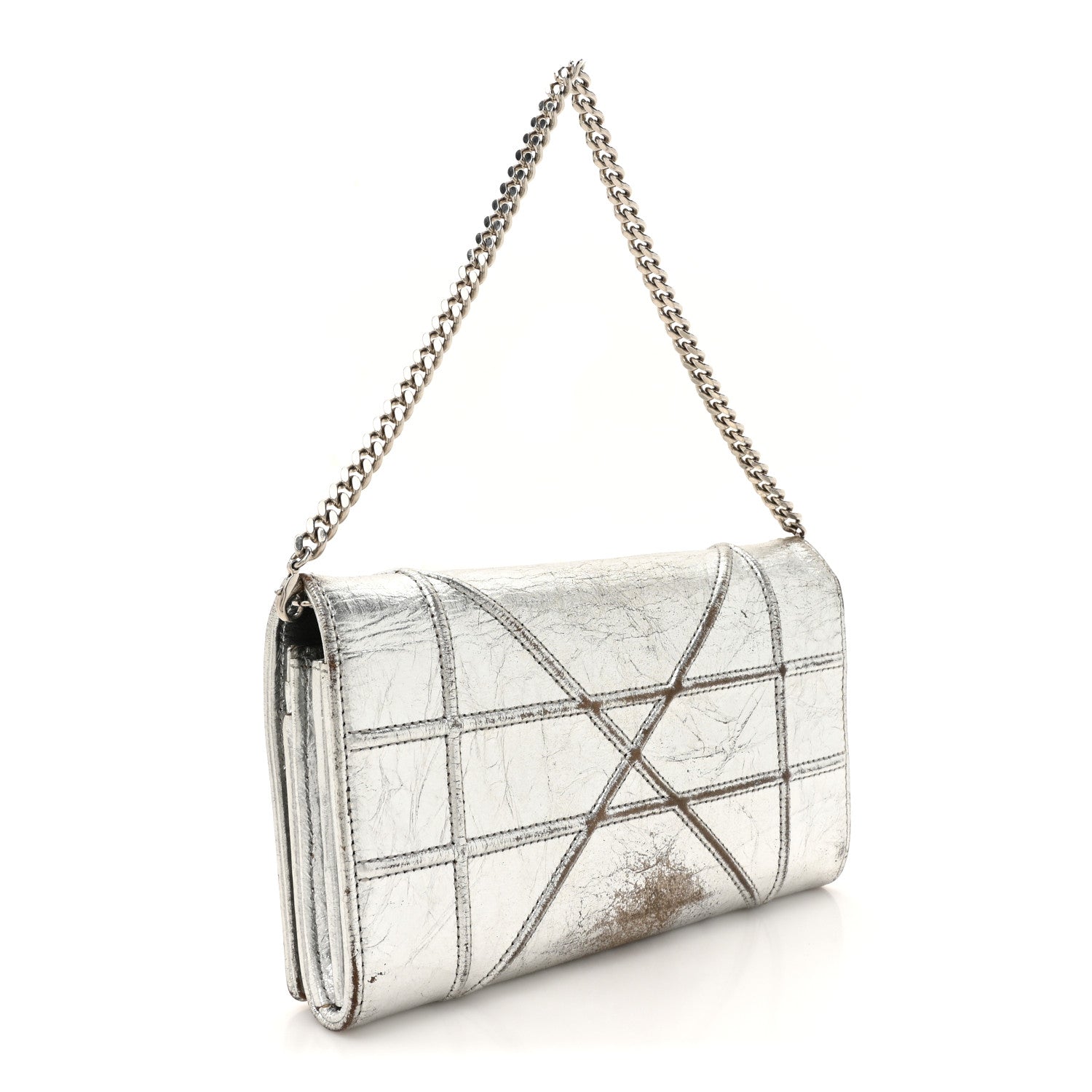 Metallic Crinkled Lambskin Diorama Croisiere Chain Wallet Silver